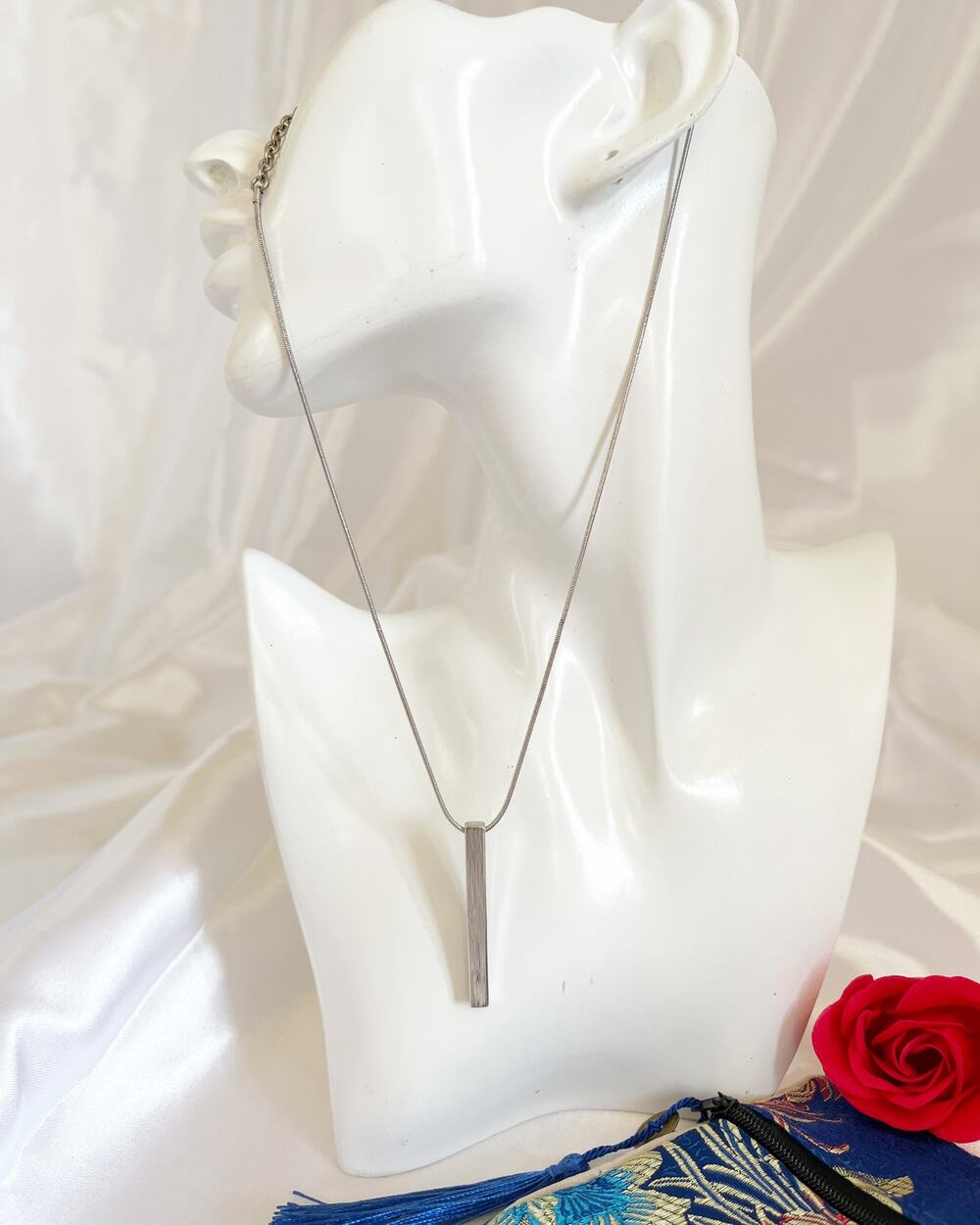 GIVENCHY Silver Vertical Bar Necklace Pendant Rhodium Plated Contemporary